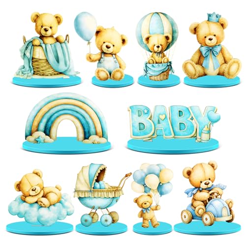 10 Pcs Bear Baby Shower Table Decorations, Large Blue Bear Wooden Table Centerpieces Tabletop Detachable Sign We Can Bearly Wait for Gender Reveal Birthday Photo Props Party Favor Supplies