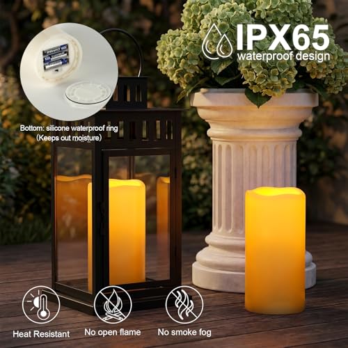 Image of 5plots Large Waterproof Flameless Candles 4 inchx8 inch White LED Pillar Set of 2 | Waterproof plastic candles with remote timer, realistic flickering LED glow. Battery operated for patio, porch & lanterns