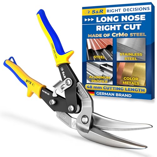 S&R Tin Snips Right Cut 280 mm – Continuous Sheet Metal Shears | Heavy-Duty CrMo Steel Blades, Induction Hardened 60–62 HRC | Ergonomic Non-Slip Handles, Safety Lock, 48 mm Cutting Capacity