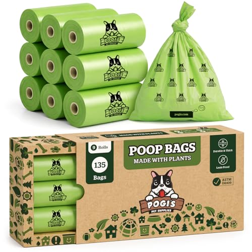 Pogi's Poop Bags - Bolsas Compostables para excremento de Perro - 9 Rollos (135 Bolsas) - Impermeable, Vegetal, Bolsas Compostables para Residuos de Perros con Certificación ASTM D6400, EN 13432