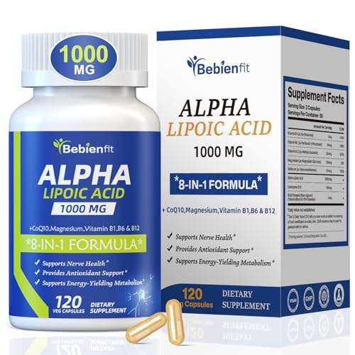Alpha Lipoic Acid 1000mg Neuropathy Supplements Capsules 8-IN-1 ALA for Nerve Health in Hands & Feet Nervous System and Antioxidant with Magnesium Glycinate CoQ10 & B1 B6 B12 Vegan 120 Caps
