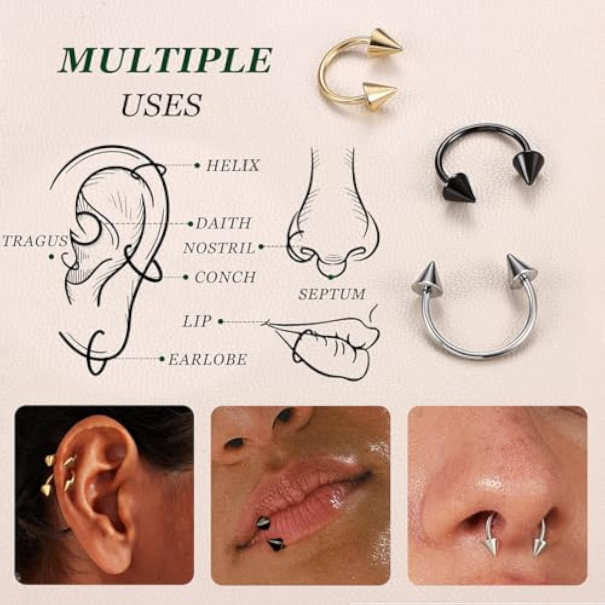 3pcs G23 Titanium Horseshoe Septum Rings Set
