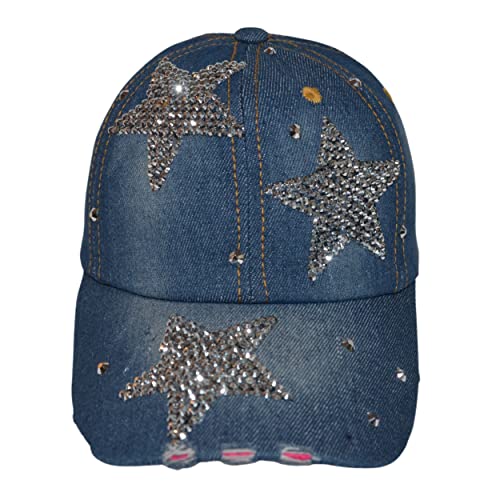 Popfizzy Star Hat For Girls And Women, All-Star Bling Hat, Bedazzled Star Baseball Caps, Distressed Denim Hat, Bejeweled Hat With Bling Stars, Great Gift For Any Superstar Or Allstar #TOP5