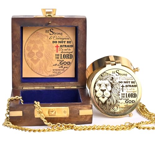 Brújula de latón grabada con verso de escritura religiosa (Josué 1:9) - Perfecta para bautizo, confirmación, comunión - Ideal para ahijado, iglesia, graduación - Presentada en caja de madera