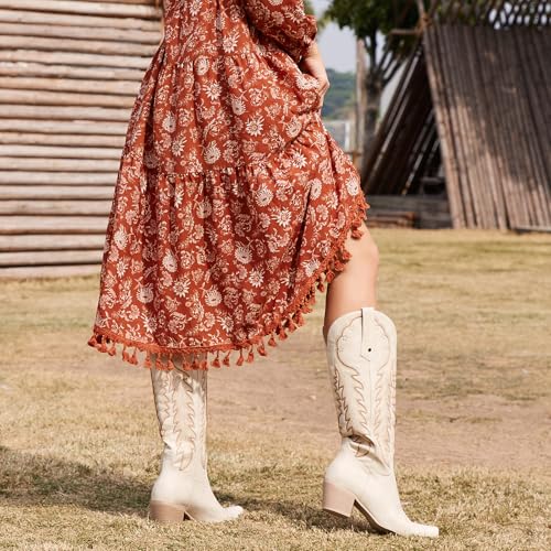 Image of wetkiss Cowboy Boots Womens Knee High Cowgirl Boots Embroidered Pointed Toe