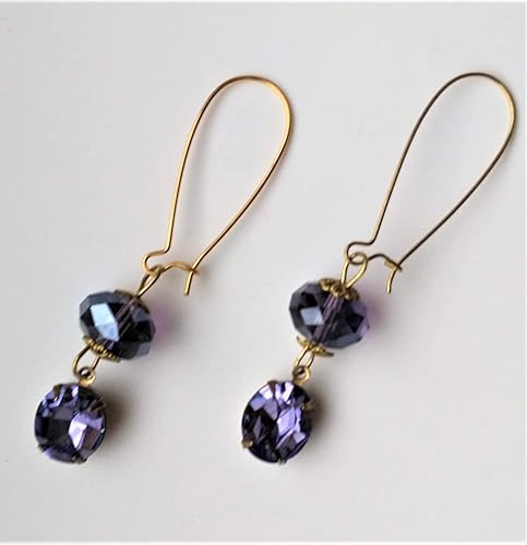 Miniatura 3 de Tanzanite Blue Violet Purple Gold Plated Earrings, Faceted Crystal Doughnut Bead