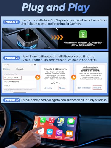 Dealazot H3 Adattatore Carplay Wireless Per Iphone - Convertitore Da Cablato A Wireless, Plug And Play Usb/Type-C, Compatibile Con Auto Dal 2016 E Ios 10+ - 3