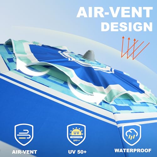 Image of AMMSUN 7ft Heavy Duty Windproof Portable Beach Umbrella with Sand Anchor Vent Adjustable Height with Tilt Aluminum Pole, Portable UV 50+ Protection Carry Bag for Patio Garden Beach Pool Backyard