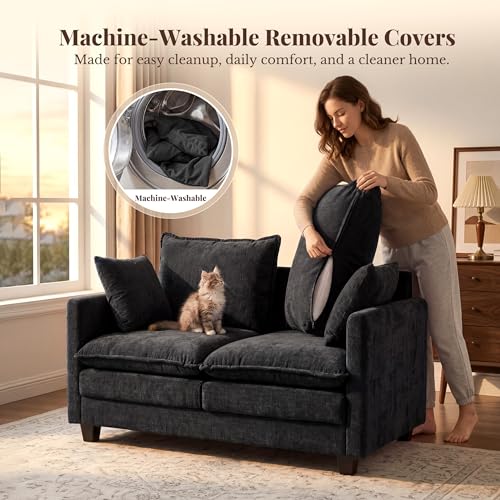 Image of Loveseat Sofa with Cloud 3-Layer Cushion & 27 inch Deep Seat, Modern Small Couch with 2 Washable Pillows for Small Spaces, Bedroom, Apartment, Office, Living Room, in a Box, 50-Inch Black