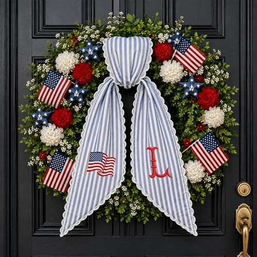 Monogram Wreath Sash, Custom Embroidered Wreath Ribbon for Front Door, Holiday Home Decor (Patriotic DK08)