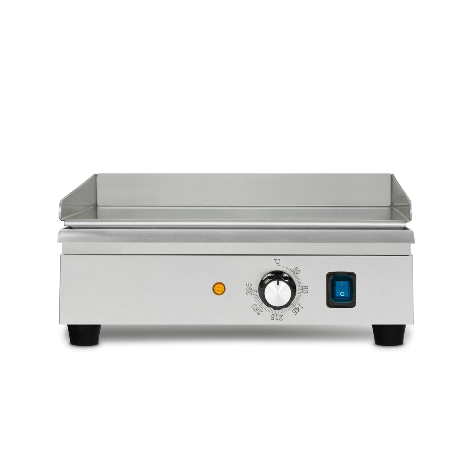 VERTES Plancha grill eléctrica 1400W de acero inoxidable superficie grill lisa 32x26cm, termostato, temperatura 50-300°C, protección contra salpicaduras y calor, bandeja recogegotas, pies de goma