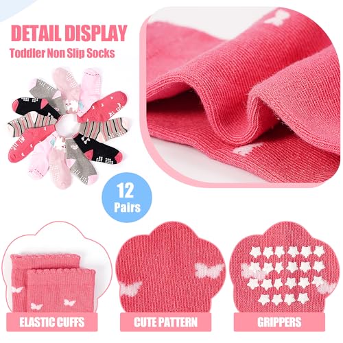 Non Slip Toddler Girl Socks Kids Grip Socks Anti-Skid 12 Pairs With Fun Patterns for Toddler Girls 1-7 Years2