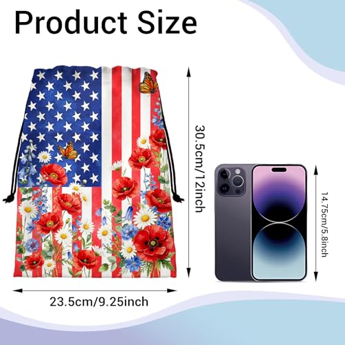 Image of USA Flag Grip Bag Butterfly Floral 4 th of July Drawstring Bag for Gym