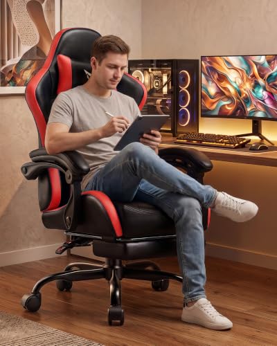 Image of LUCKRACER Gaming Chair, Comfy Computer Chair w /Footrest for Adults, Red
