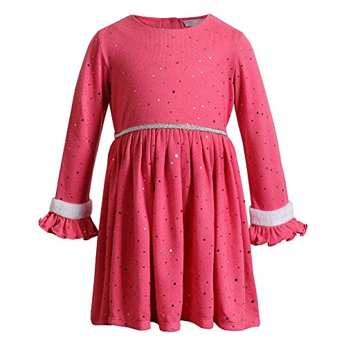 Youngland Girls' Long Sleeve All Over Foil Dot Dress with Faux Fur Trim