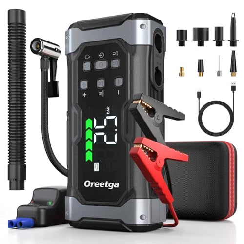 Upgraded 9000A Car Jump Starter with Air Inflator/Deflator Compressor, 9 in 1 Portable Jumper Box Power Pack Charger (All Gas/14L Diesel) Combo Cordless Air Pump for Tire Inflator & Large LCD Screen