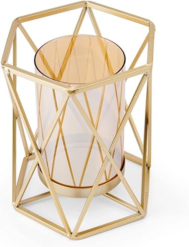 Miniatura 6 de Elements Portavelas hexagonal de alambre dorado de metal de 6.89 x 5.91 x 8.07 pulgadas, cilindro de vidrio ámbar, para uso con soporte de pilar,
