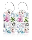 Set of 2 Luggage Tag for Suitcases Leather Stamp Baggage Tags with Stainless Steel Loop Privacy Name ID Card Cover Travel Bag Labels Set for Women Men Kids Girls