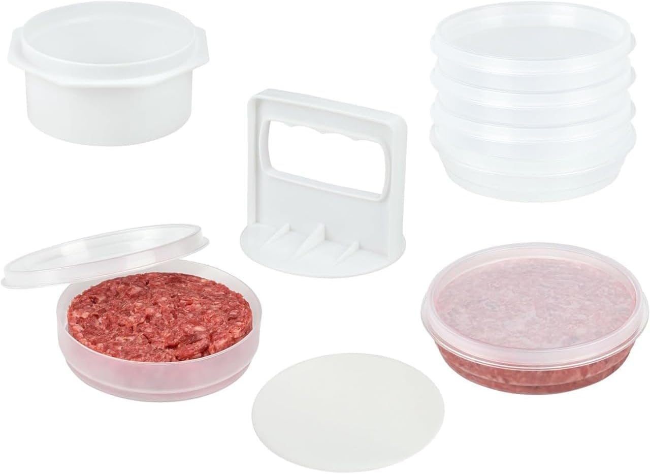 - Hamburger Press Patty Maker - 4 in 1, Burger Mold, Patty Press, 4 Storage Containers, 100 Round Papers - Hamburger Patty Maker Tool for BBQ - Burger Shaper for Meat, Veggie Patties