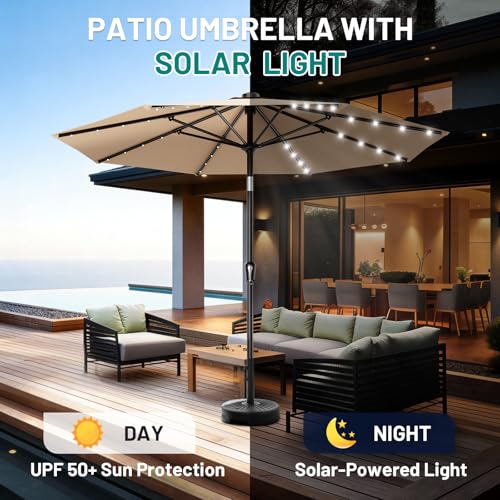 Image of AreShark 9FT Patio Umbrella with Solar Lights, 32 Lighted Pool Umbrella w /Tilt and Crank, Outdoor Market Solar Umbrellas for Garden, Deck, Backyard, Pool and Beach, Beige
