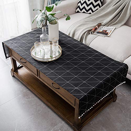 Nappe de table à café avec poches et pompons - Nappe rectangulaire en lin de coton jacquard polyvalente rustique, anti-poussière et anti-rides pour salon,...