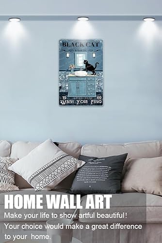 Miniatura 2 de Letrero de metal retro para decoración de baño, diseño de gato negro con texto en inglés "Wash Your Paws", divertido póster para baño, baño,