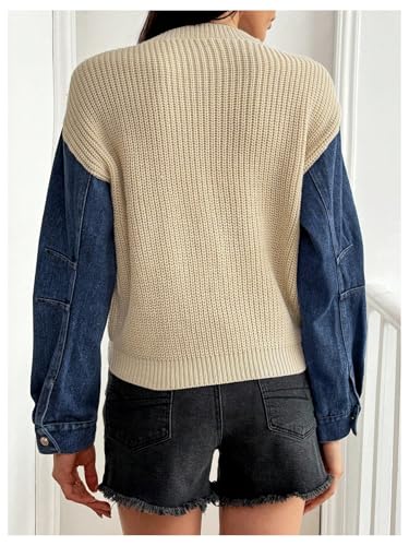 MakeMeChic Women's Denim Patchwork Long Sleeve Sweater Crew Neck Color Block Y2K Knitted Pullovers Top2