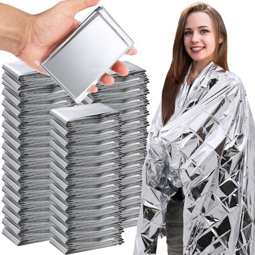 100 Pcs Emergency Blankets for Survival 83 x 55 Emergency Foil Thermal Reflective Space Blanket Bulk Waterproof Individually Wrap Survival for Car Camping Outdoor Homeless