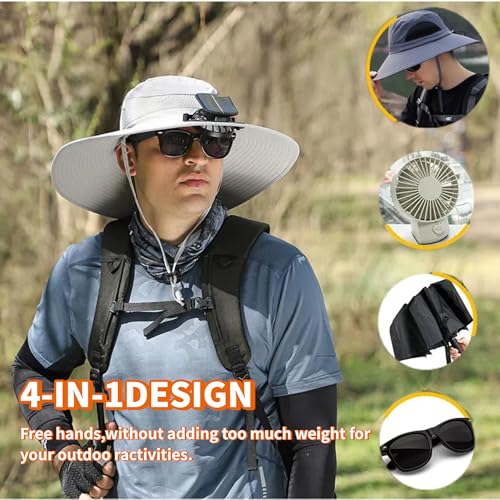 Image of Wide Brim Solar Fan Outdoor Hat, Outdoor Wide Brim Sun Hat with 2 Solar Fan Sun Bucket Hat for Men,UPF50+ Sun Fishing Hat(Gray)