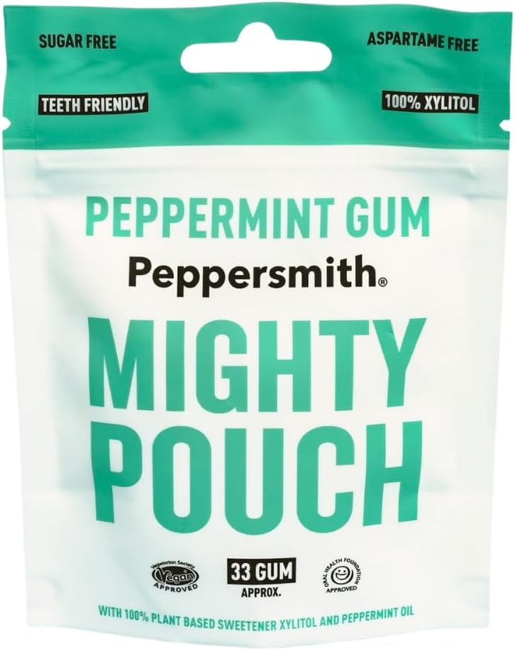 British Peppermint Gum - Vegan Friendly - 100% Plant Based Xylitol - Natural Flavours - Freshens Breath - Sugar Free Gum - Benefits Oral Health - Mighty Box - 33 Pieces