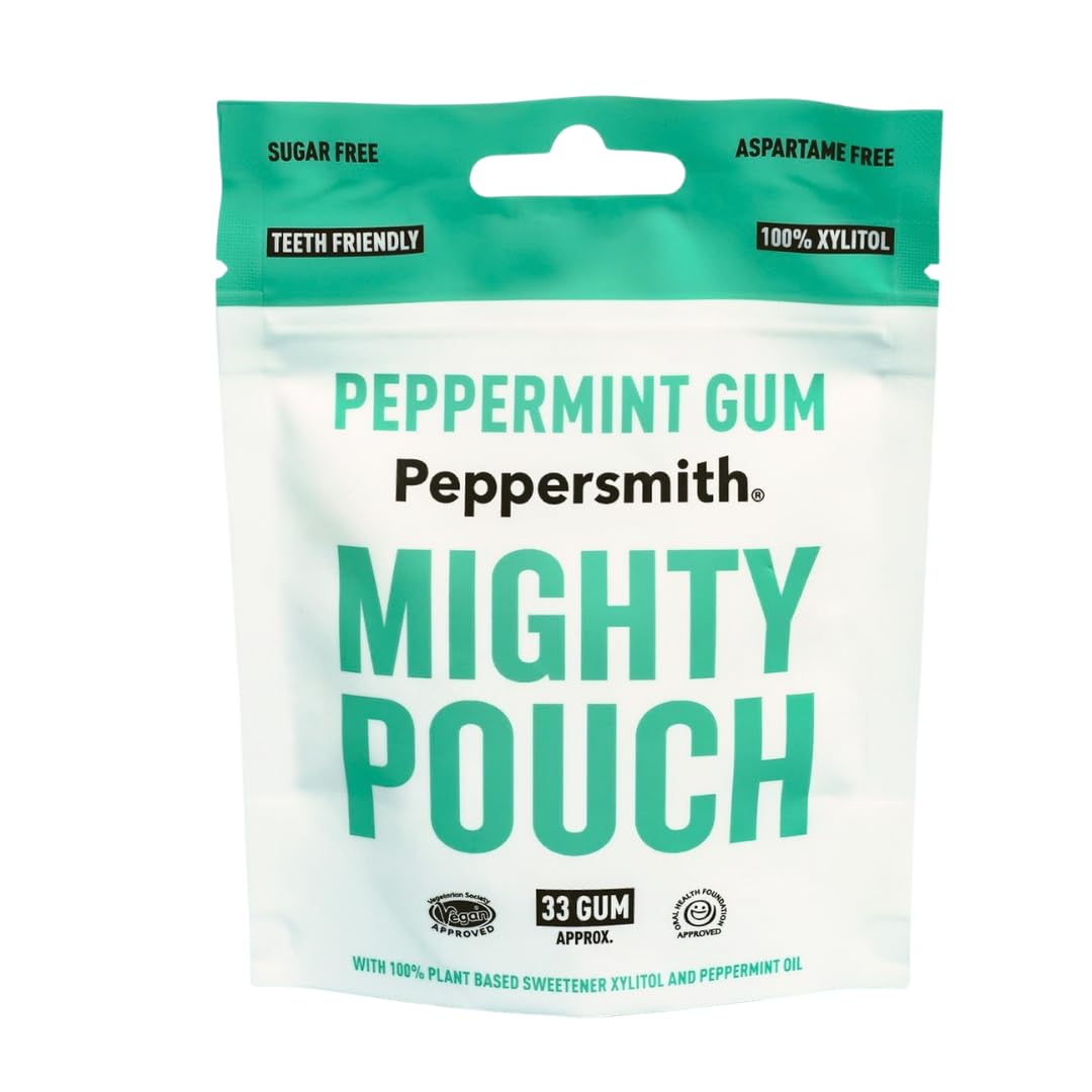 British Peppermint Gum - Vegan Friendly - 100% Plant Based Xylitol - Natural Flavours - Freshens Breath - Sugar Free Gum - Benefits Oral Health - Mighty Box - 33 Pieces