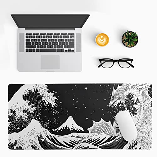 Black And White Japanese Waves Sea Dragon Gaming Mouse Pad Abstract Black Mat 31.5X11.8 Inch Sea Wave Texture Non-Slip Rubber Base Wave Mousepad Stitched Edges Keyboard Desk Pad For Office Home Game #TOP2