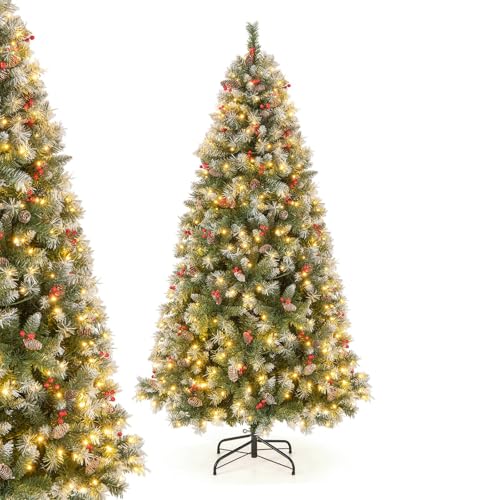 GYMAX 6.5FT Pre-lit Christmas Tree, Artificial Hinged Xmas Tree with 909 Branch Tips, 420 LED Lights, 8 Light Modes, Pine Cones & Red Berries, Holiday Seasonal Decoration Tree