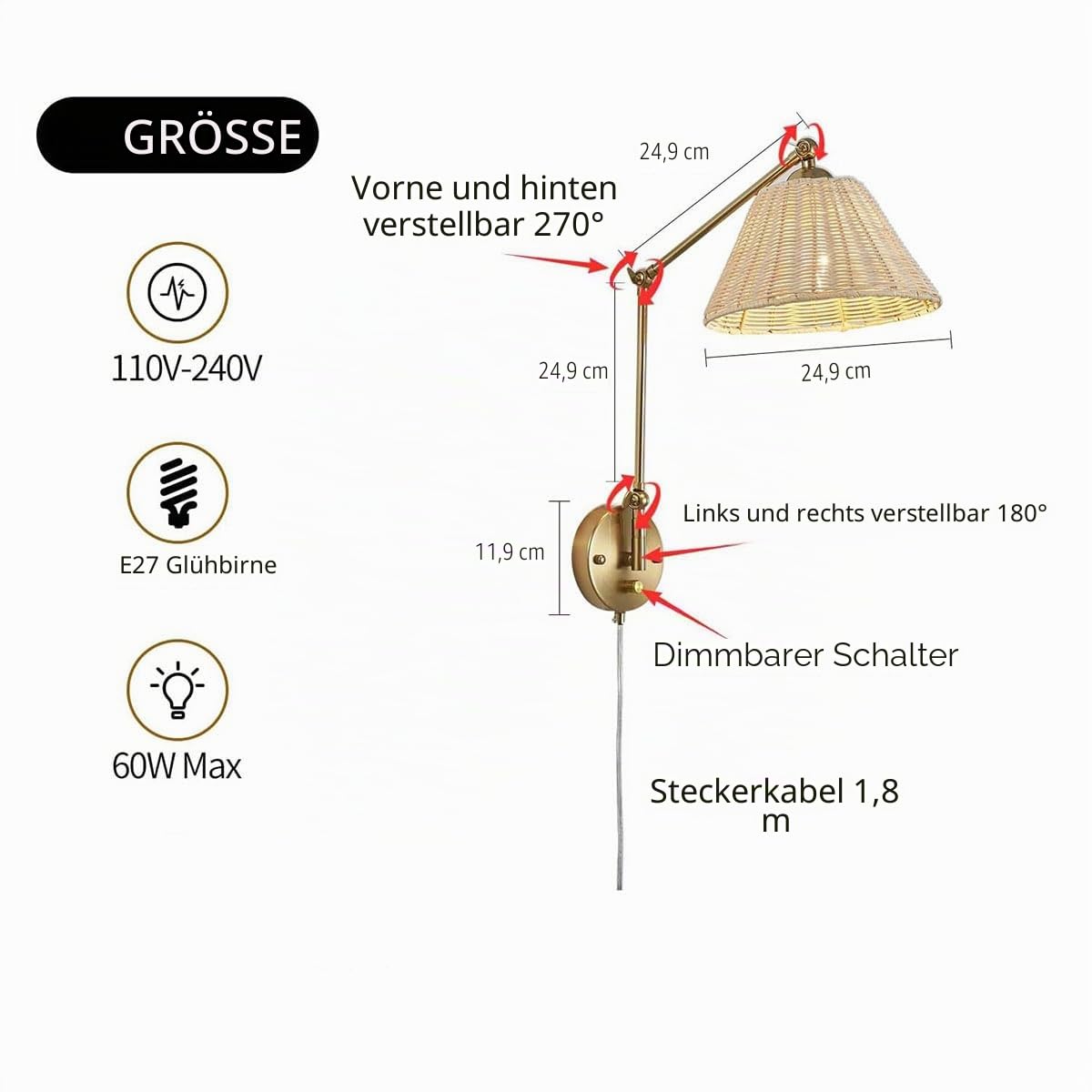 AoLa Vintage Rattan Wandleuchte Verstellbare, Innen E27 Wandlampe Dimmbar mit Schalter Gold Schwenkarm Wandleuchten mit Kabel und Stecker Retro Industrial Wand Leselampe für Schlafzimmer Büro,1 Stück