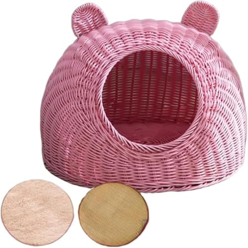 Vlwm 猫用、温室、手編みベッド、天然素材、藤、通気性が涼しい、四季折々、手入れが簡単、犬用品、夏用、四季折々使える、冷マット付き、毛皮マット付き (ピンク+マット,M)