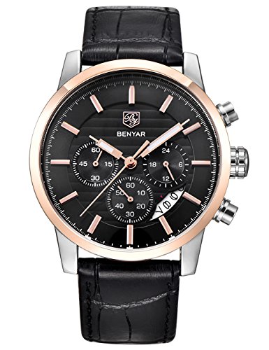 benyar Cronógrafo Impermeable Reloj Business y diseño Deportivo Negro Correa de Cuero de los Hombres Relojes
