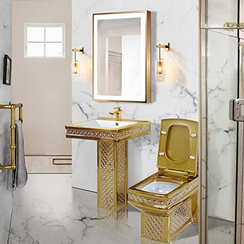 Inodoro moderno de una pieza con diseño decorativo en dorado y blanco, descarga dual potente y silenciosa para baño miniatura 3