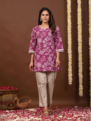 Image of Rimeline Women's Floral Printed Cotton Kurti Top | Round Notch Neck 3 /4 Sleeve Straight Fit Casual Tunic