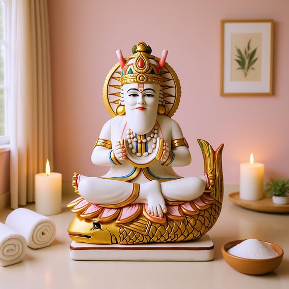 VAMIKA HANDICRAFTS Jhulelal Murti in Marble Dust | Khwaja Peer Jhulelal Statue for Good Luck | Peer Baba Lord Jhulelal Murti for Home, Office & Gifting | 8 Inches Height (White)