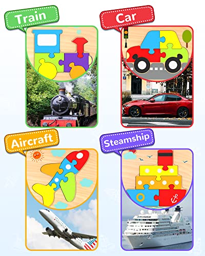 Image of Wooden Toddler Puzzles Gifts Montessori Toys for 1 2 3 Years Old Boys Girls | 4 Vehicle Shape Puzzles, Boy Birthday Gift, Montessori Toys Educational Blocks for Toddlers 1-3, 2-4, Baby Learning Toys