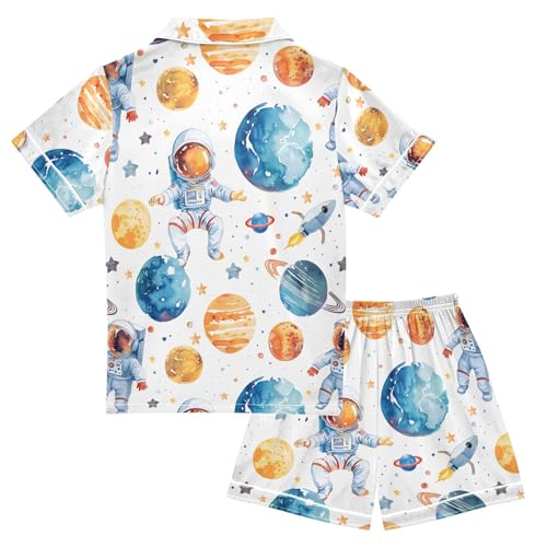 ALAZA Astronaut Planet Starry Solar System Pajamas Satin Pajama Set Short Sleeve Button Down Sleepwear2