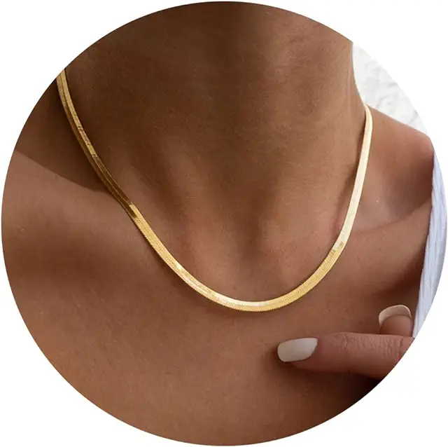 14K Gold/Silver Plated Herringbone Snake Chain Necklace for Women - Adjustable