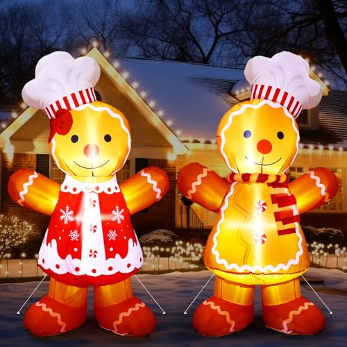 Ceenna 2 Pcs 5 FT Gingerbread Inflatables Christmas Decorations Blow up Gingerbread Chef Couple with Built-in LEDs for Xmas Front Door Outdoor Yard Lawn Garden Party