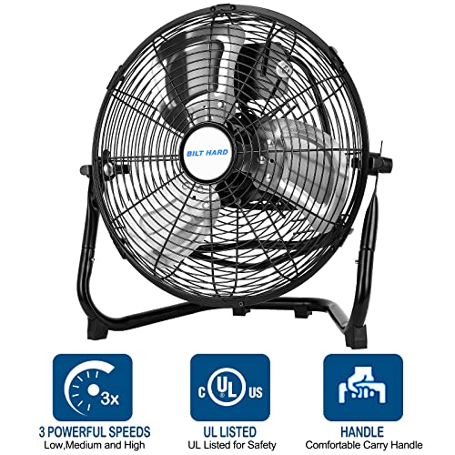 Bilt Hard 12" 3-Speed High Velocity Metal Fan, 1650 Cfm, Heavy Duty Metal Floor Fan With 180-Degree Tilt, All-Metal Construction, Powerful Airflow For Home, Residential Use #TOP2