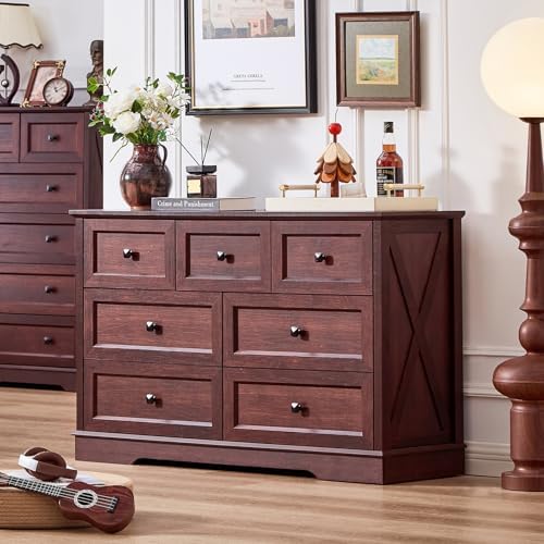 7 Drawer Dresser, Dark Cherry Red Farmhouse Dressers with Charging Station