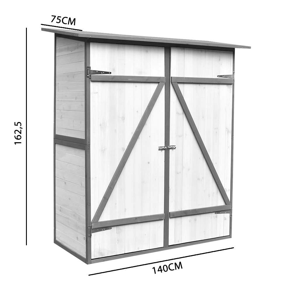 Melko Gartenschrank Gerätehaus Holz mit Pultdach 162x140x75 cm inkl. Regal | Zweiflügeltür mit Schiebeverriegelung, vorbehandeltes Fichtenholz, Weiß-Grau, Platz für Rasenmäher und Gartengeräte