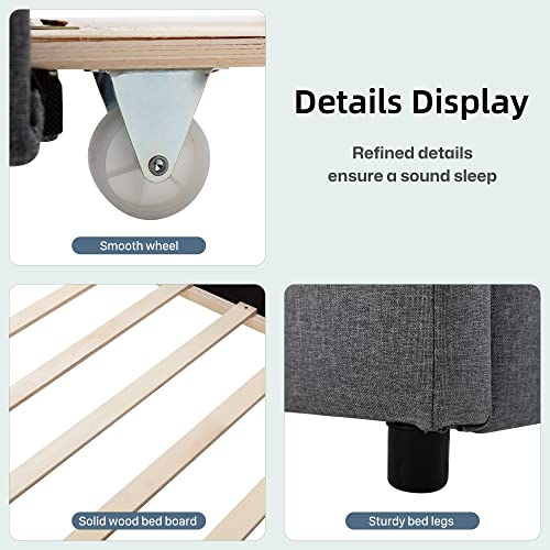 civama Full Bed Frame with Trundle, Upholstered Platform Bed Under Twin Trundle Bed, Modern Linen Bed Foundation with Padded Headboard Easy Assembly, Wood Slat Support, No Box Spring Needed, Grey