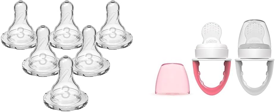 Dr. Brown's Baby Bottle Nipples & Silicone Feeders Bundle - Level 3 Medium-Fast Flow Nipples 6 Pack & Fresh Firsts Feeders 2 Count