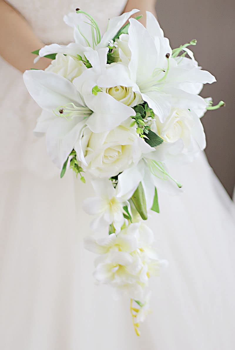 Amazon｜滝の白いユリ アイボリーのバラ 結婚式の花 ブライダル ブーケ