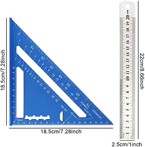 7 Inch Triangle Ruler Metric, Carpenter Measuring Square Aluminum Speed Square Layout Tool with Stainless Steel Ruler for Woodworking Engineer Carpenter (Blue)